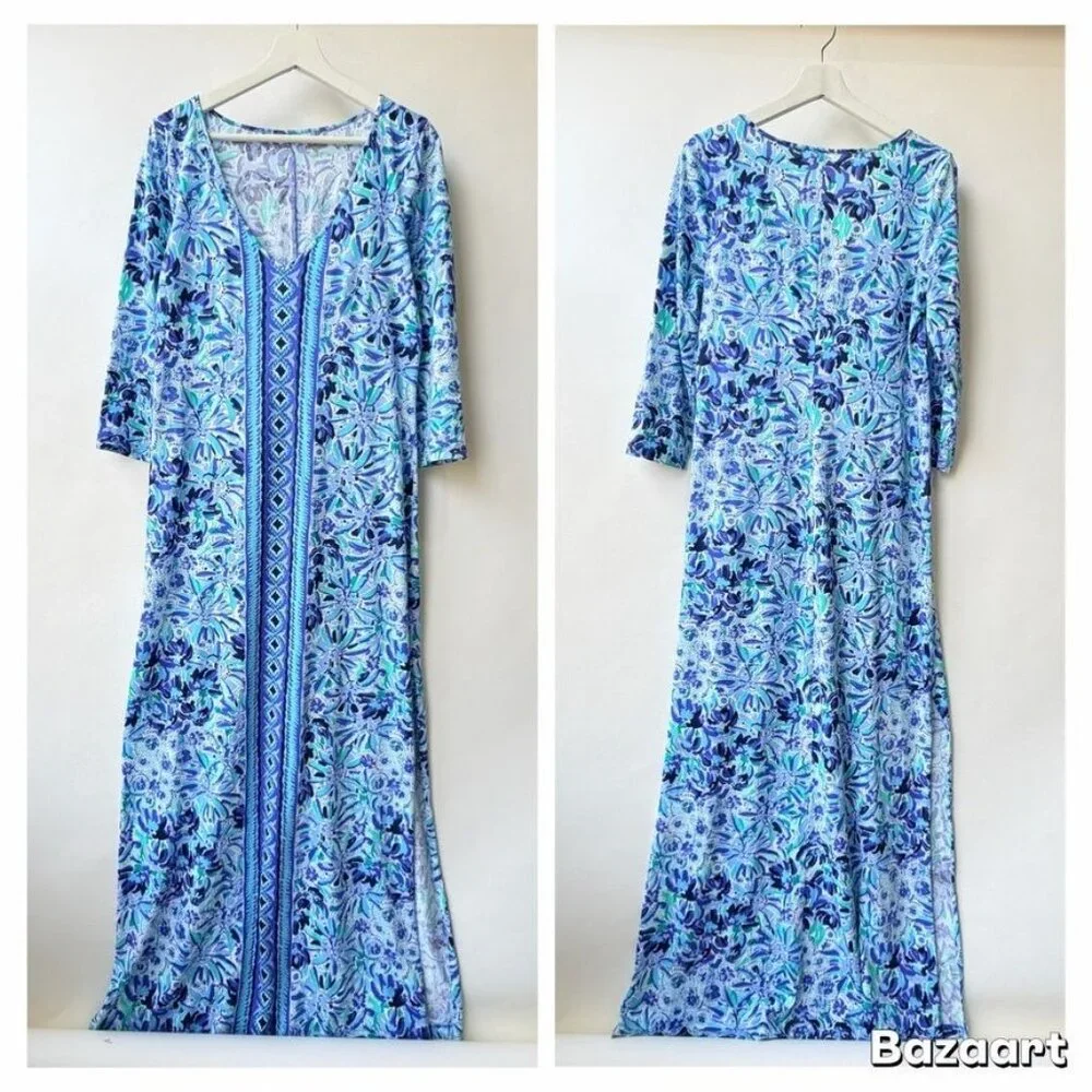 Lilly Pulitzer Maxi Dress Pima Cotton Iris Lion Print – Blue/White (Size M) - Picture 2 of 9